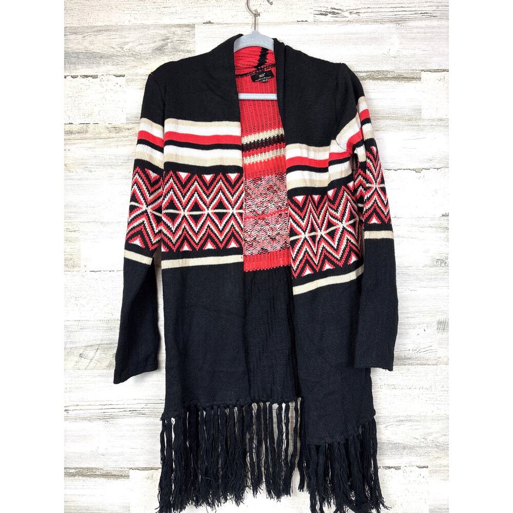 Iris Womens M Black Orange Boho Long Sleeve Fringe Cardigan Sweater Soft Cozy